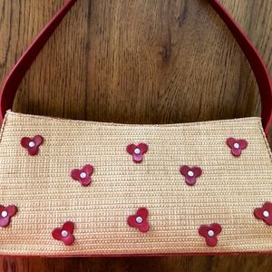 Cole Haan Straw Handbag with Red Leather Flowers